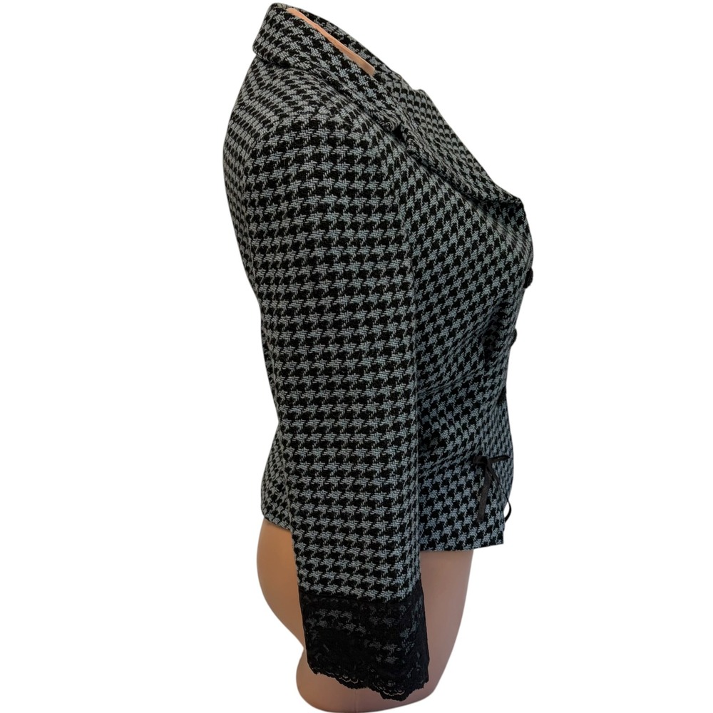 Unger Blazer Size 8 Blue Black Houndstooth Wool Blend Lace Trim Tailored Y2K - Picture 4 of 8
